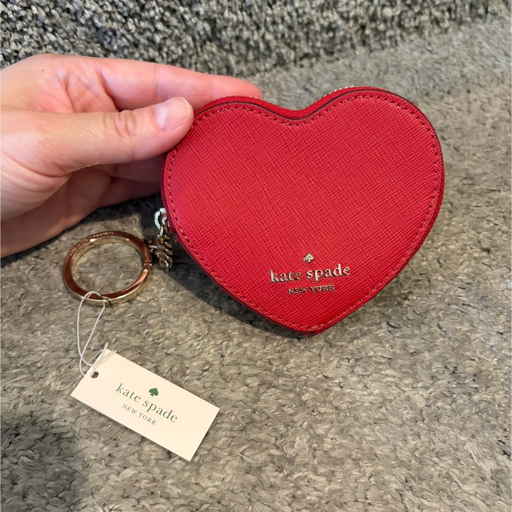 NEW Kate Spade Heart Coin Purse Saffiano Leather Red Keychain - Picture 2 of 5